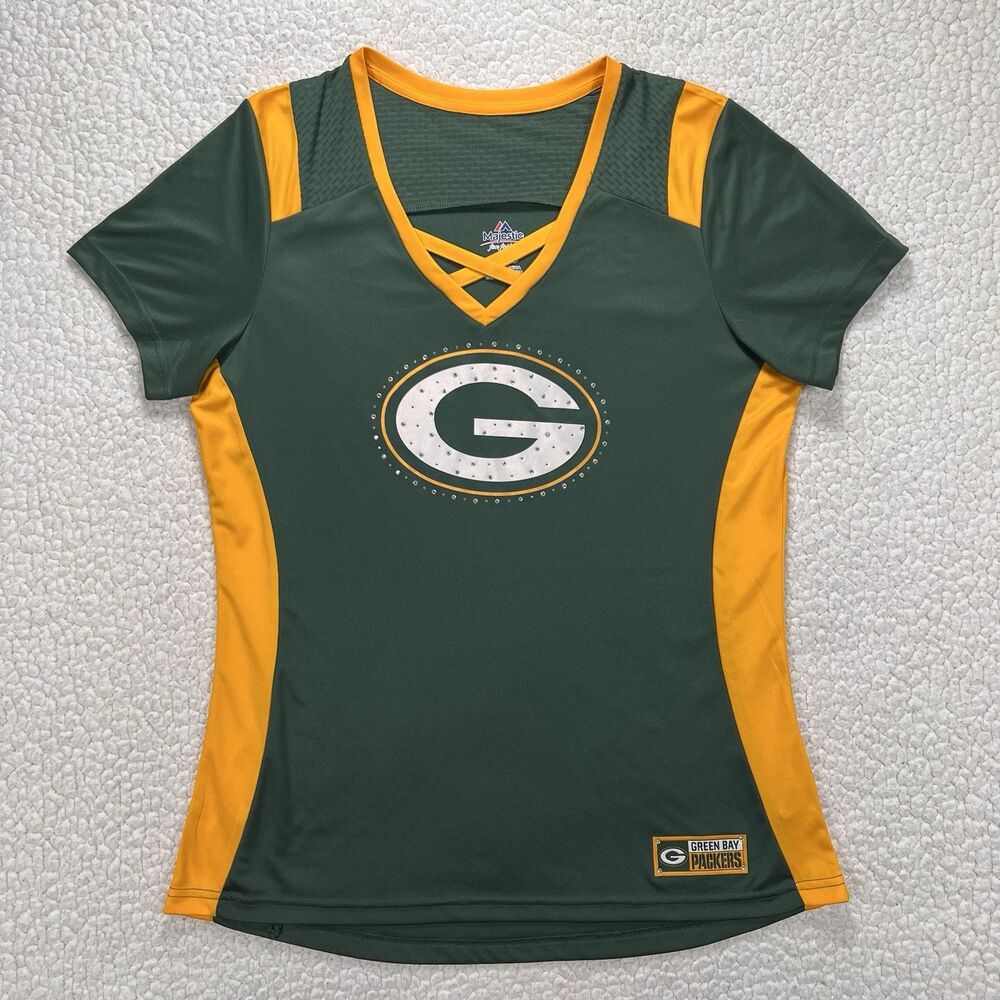 Green Bay‎ Packers Majestic Women’s XL Criss Cross V-Neck Rhinestone Top NFL Fan